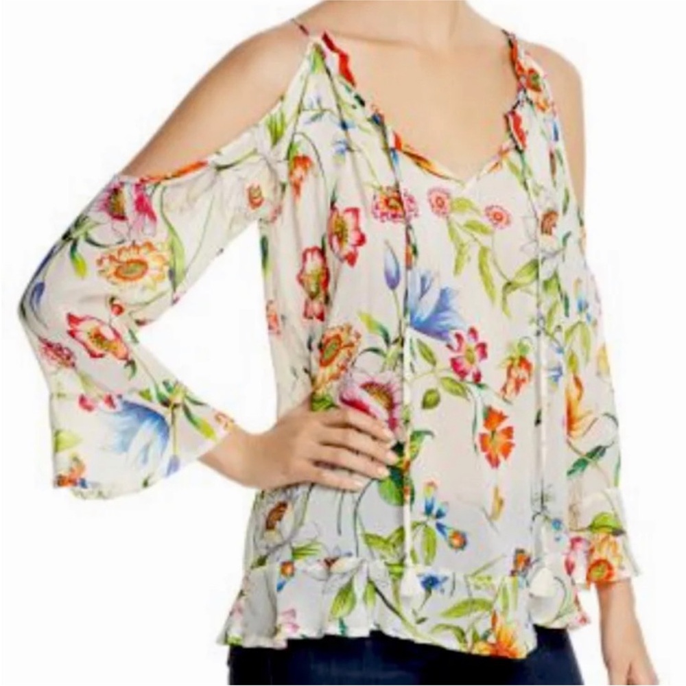 Johnny Was Fusion Floral-Print Cold-Shoulder Top